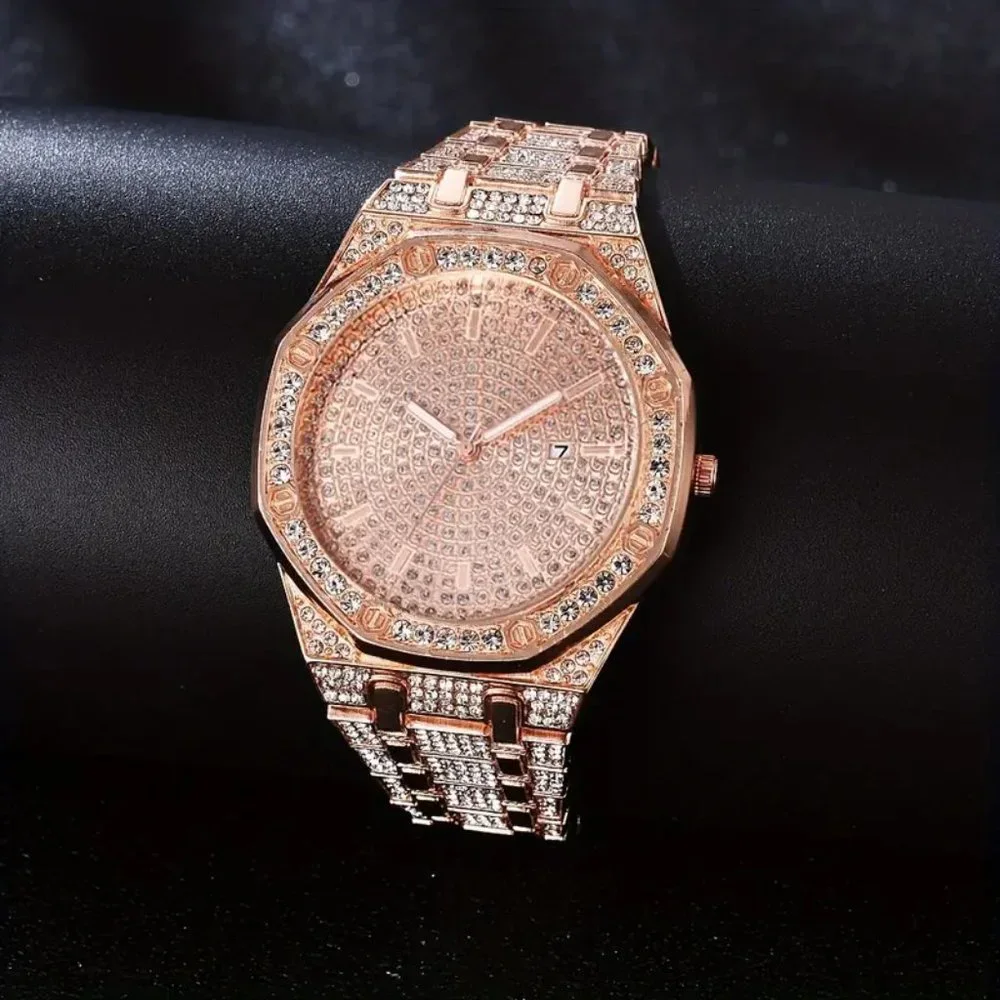 New Men's Bling Watch Big Dial Calendar Date Rose Gold Steel Band Hip Hop Watch